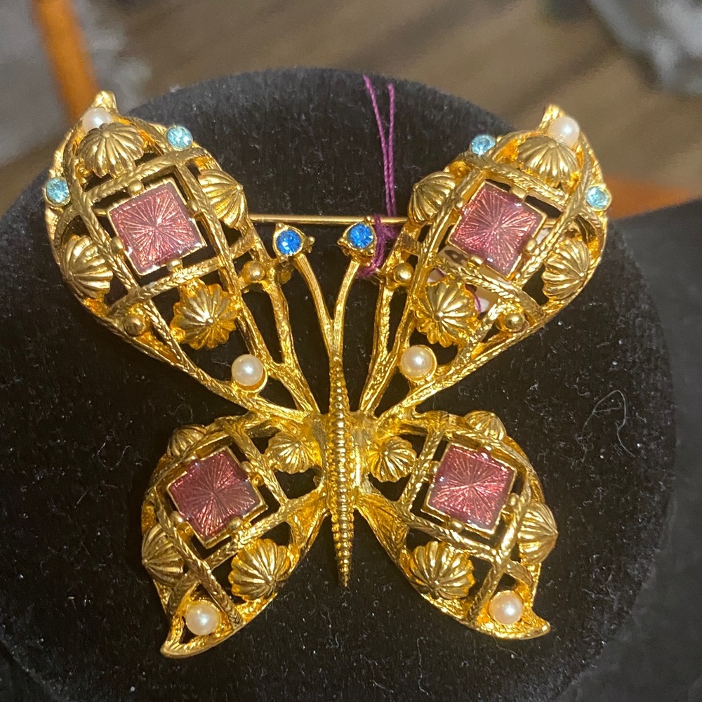 Avon Gold and Pink Butterfly Brooch with Blue Accents